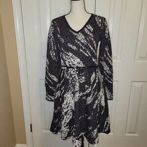 Carmen Marc Valvo Knit Fit & Flare Dress Belted Black Taupe Abstract | Medium